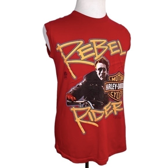 Vintage 1987 Men's Red Harley Davidson James Dean 'Rebel Rider' Muscle Shirt - Picture 4 of 10